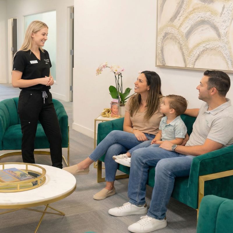 Medical assistant welcoming a family in the lobby at Revive Medical & Wellness in Schaumburg Illinois