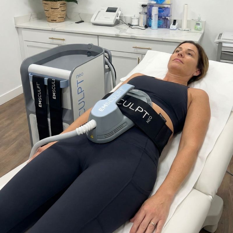 Patient undergoing Emsculpt NEO body sculpting treatment at Revive Medical & Wellness Schaumburg