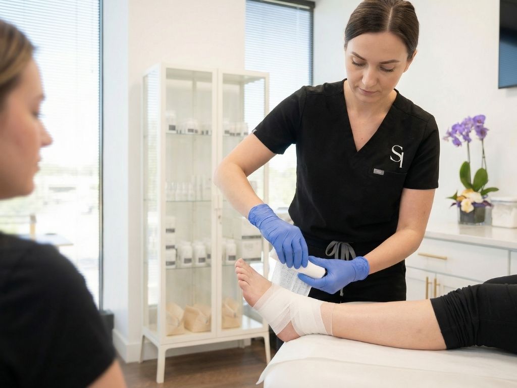 Medical assistant applying a sterile wrap to a patient’s ankle during an advanced wound care visit at Revive Medical & Wellness in Schaumburg, IL.